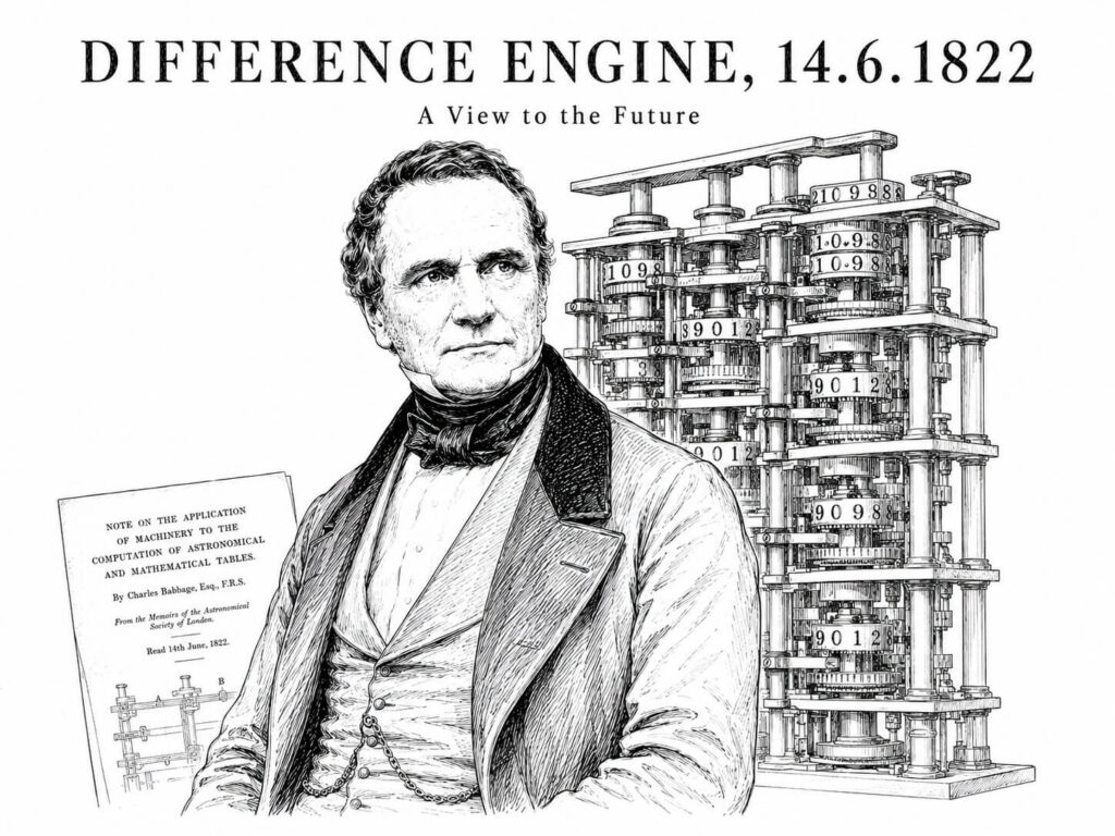 Charles Babbage Difference Engine 1822: ασπρόμαυρο editorial σκίτσο με τον Charles Babbage, γρανάζια και μηχανισμό υπολογισμού εμπνευσμένο από τη Διαφορική Μηχανή.