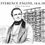 Charles Babbage Difference Engine 1822: ασπρόμαυρο editorial σκίτσο με τον Charles Babbage, γρανάζια και μηχανισμό υπολογισμού εμπνευσμένο από τη Διαφορική Μηχανή.