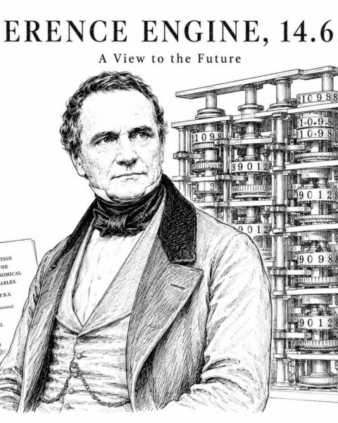 Charles Babbage Difference Engine 1822: ασπρόμαυρο editorial σκίτσο με τον Charles Babbage, γρανάζια και μηχανισμό υπολογισμού εμπνευσμένο από τη Διαφορική Μηχανή.