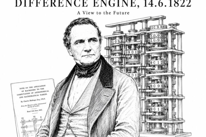 Charles Babbage Difference Engine 1822: ασπρόμαυρο editorial σκίτσο με τον Charles Babbage, γρανάζια και μηχανισμό υπολογισμού εμπνευσμένο από τη Διαφορική Μηχανή.