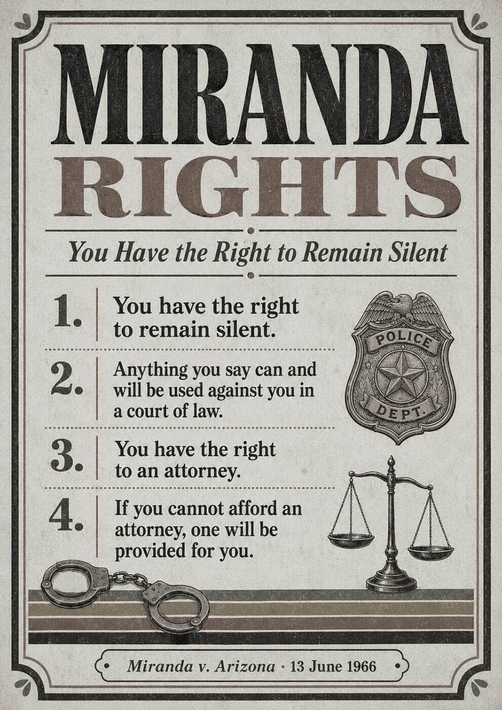 Miranda Rights vintage card με τη φράση You Have the Right to Remain Silent, αστυνομικό σήμα, χειροπέδες και σύμβολα δικαιοσύνης.