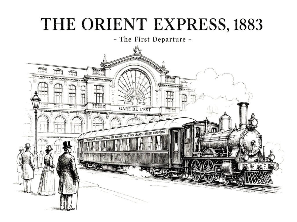 The Orient Express 1883: ασπρόμαυρο σκίτσο της πρώτης αναχώρησης του Orient Express από το Παρίσι, μπροστά στον Gare de l’Est.