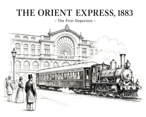 The Orient Express 1883: ασπρόμαυρο σκίτσο της πρώτης αναχώρησης του Orient Express από το Παρίσι, μπροστά στον Gare de l’Est.