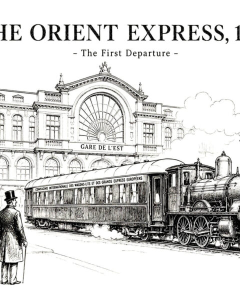 The Orient Express 1883: ασπρόμαυρο σκίτσο της πρώτης αναχώρησης του Orient Express από το Παρίσι, μπροστά στον Gare de l’Est.