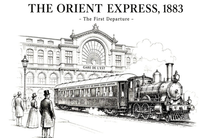The Orient Express 1883: ασπρόμαυρο σκίτσο της πρώτης αναχώρησης του Orient Express από το Παρίσι, μπροστά στον Gare de l’Est.
