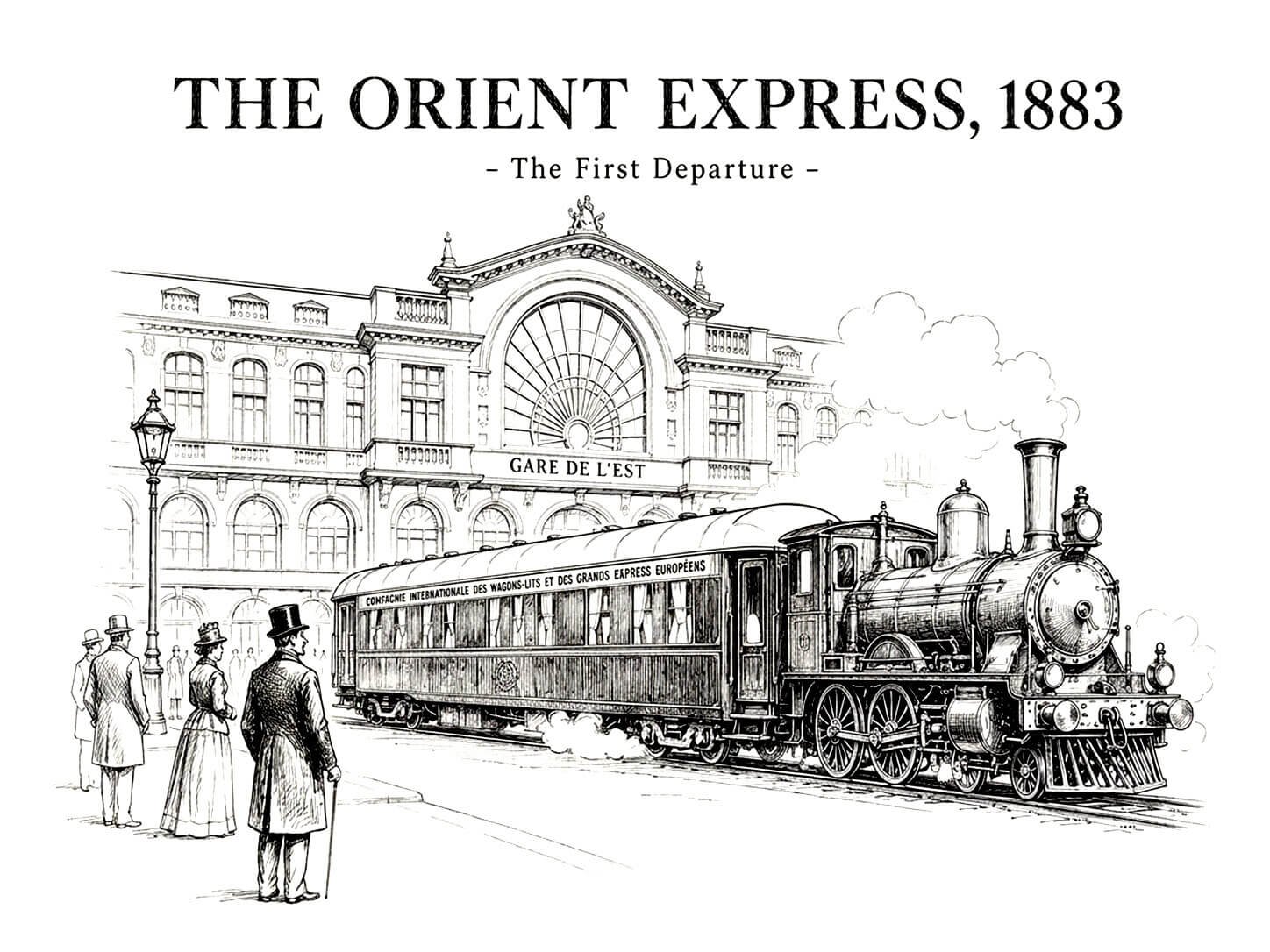 The Orient Express 1883: ασπρόμαυρο σκίτσο της πρώτης αναχώρησης του Orient Express από το Παρίσι, μπροστά στον Gare de l’Est.