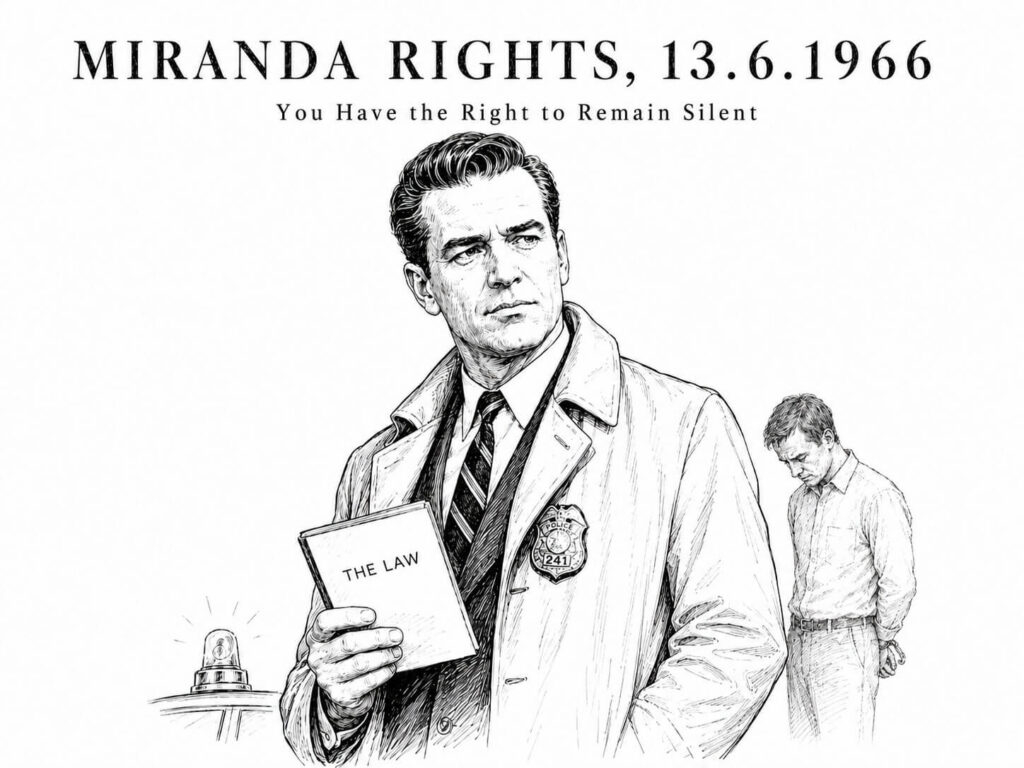 You Have the Right to Remain Silent: ασπρόμαυρο editorial σκίτσο με αστυνομική σύλληψη, χειροπέδες και noir ατμόσφαιρα, εμπνευσμένο από τα Miranda Rights και το Hollywood.