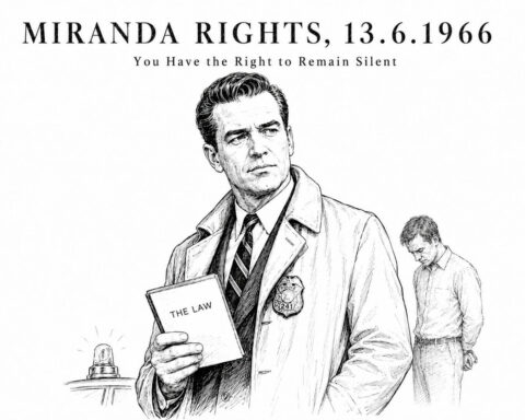 You Have the Right to Remain Silent: ασπρόμαυρο editorial σκίτσο με αστυνομική σύλληψη, χειροπέδες και noir ατμόσφαιρα, εμπνευσμένο από τα Miranda Rights και το Hollywood.