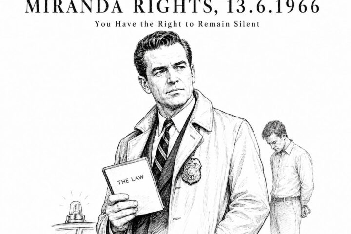 You Have the Right to Remain Silent: ασπρόμαυρο editorial σκίτσο με αστυνομική σύλληψη, χειροπέδες και noir ατμόσφαιρα, εμπνευσμένο από τα Miranda Rights και το Hollywood.