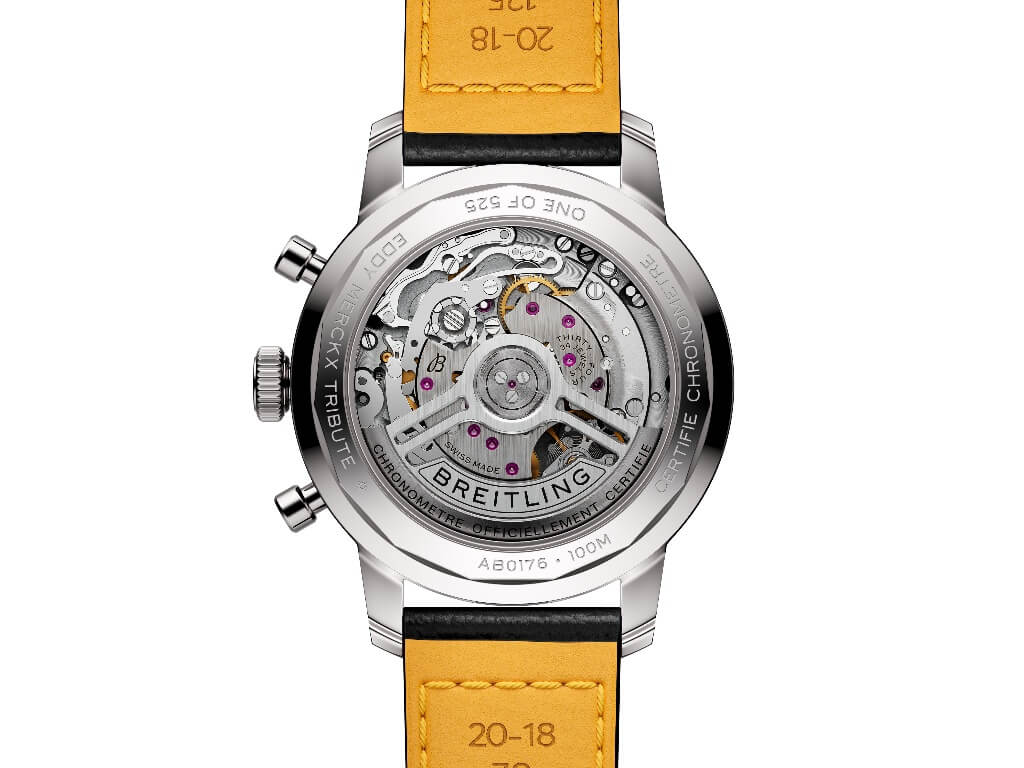 Διάφανο πίσω μέρος της κάσας του Breitling Top Time B01 Eddy Merckx με τον μηχανισμό Manufacture Caliber 01