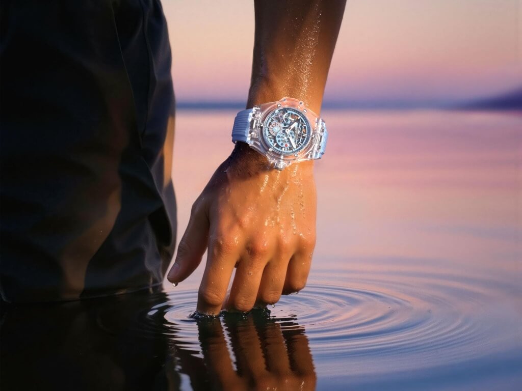 Το Hublot Big Bang Sapphire Sky Blue στον καρπό με γαλάζιο λουράκι από καουτσούκ