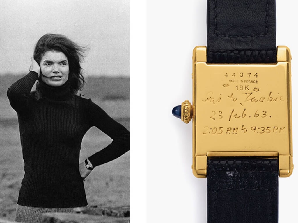 Τζάκι Κένεντι με το χρυσό Cartier Tank στον καρπό της.