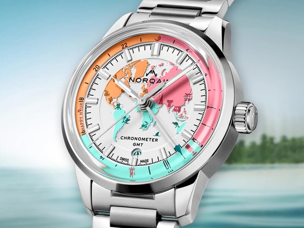 Norqain Freedom GMT Enjoy Life Holiday Limited Edition με πολύχρωμο καντράν και παγκόσμιο χάρτη