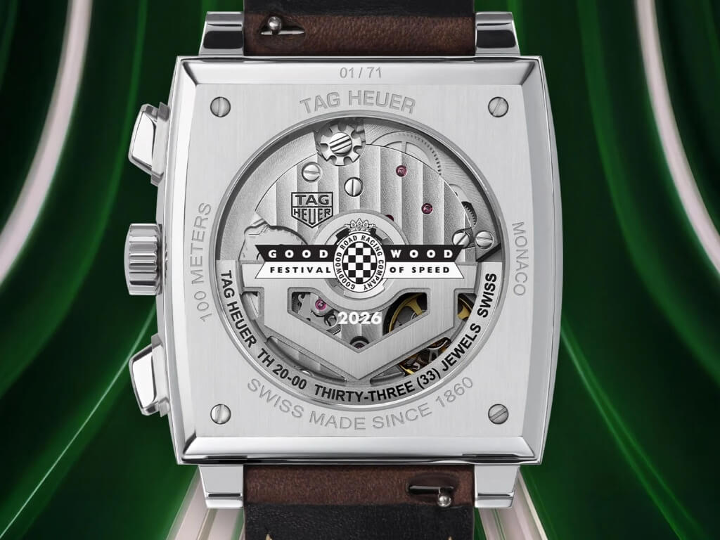 Πίσω όψη του TAG Heuer Monaco Chronograph με τον μηχανισμό TH20-00 και το λογότυπο του Goodwood Festival of Speed