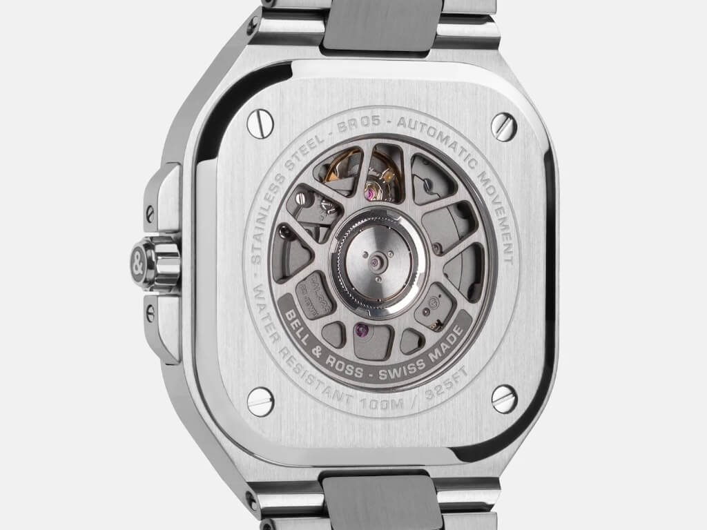 Bell & Ross BR-05 GMT Green Steel με ορατό τον αυτόματο μηχανισμό