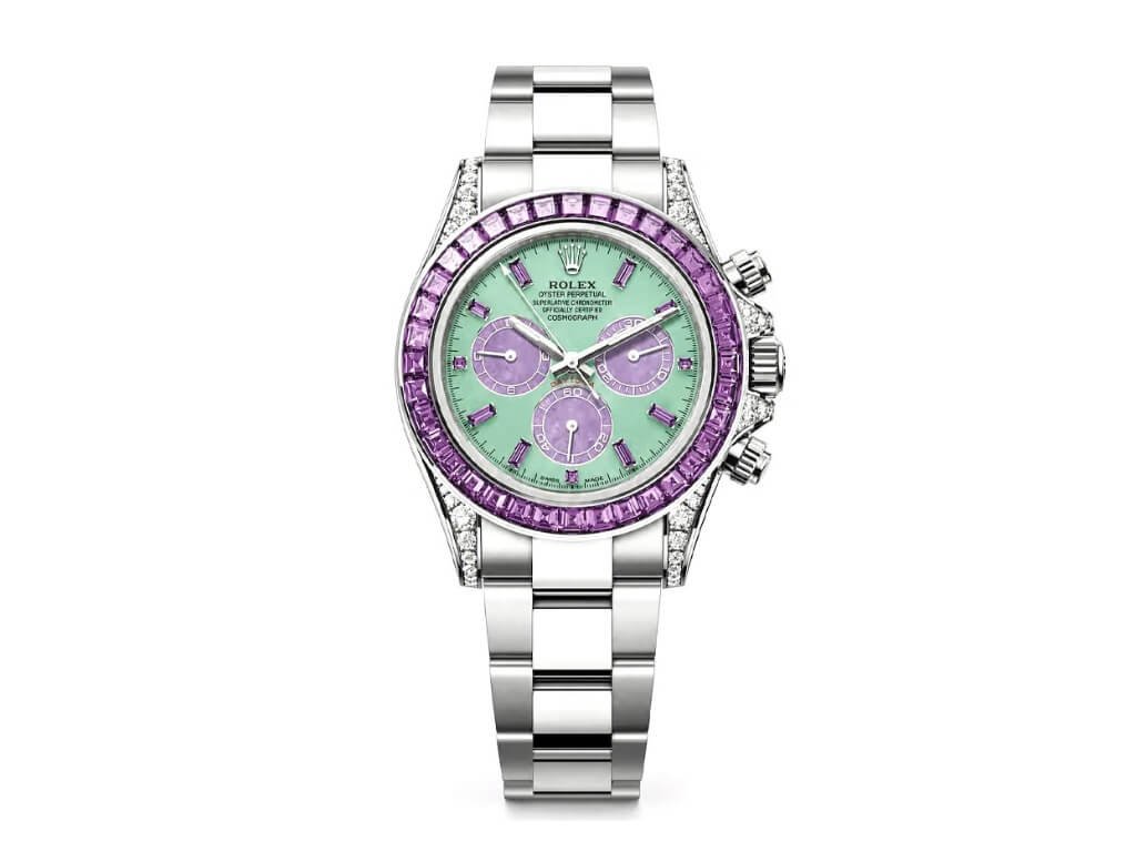 Rolex Cosmograph Daytona Four Seasons Άνοιξη με πράσινο καντράν, μωβ διαμάντια και μωβ ζαφείρια