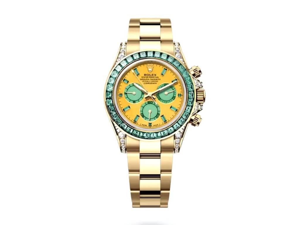 Rolex Cosmograph Daytona Four Seasons Φθινόπωρο με καντράν σε μουσταρδί απόχρωση και πράσινες τουρμαλίνες